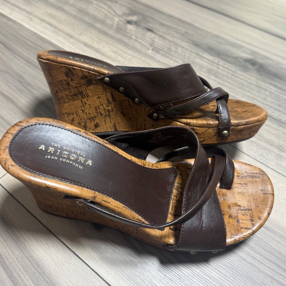 Arizona Jean Company Womens Brown Cork Wedge Platform Sandals Toe Loop 6.5M
